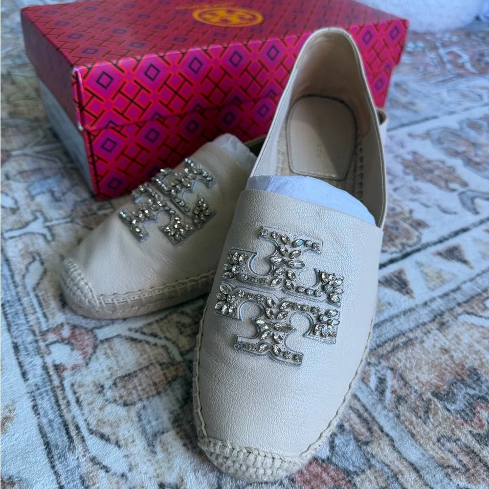 Tory Burch Ivory Leather Espadrilles with Crystal Logo